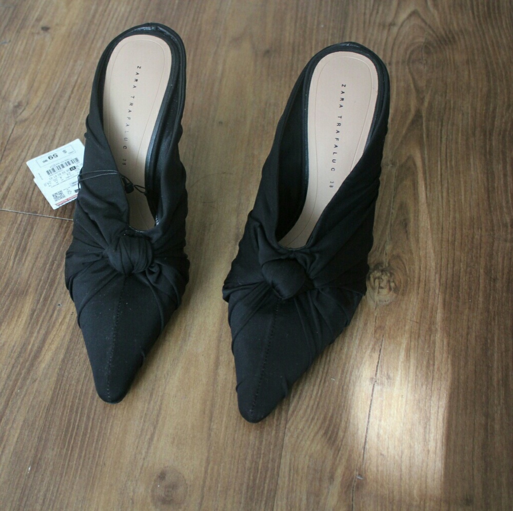 Black Pointed Bow Toe Mules Heels
